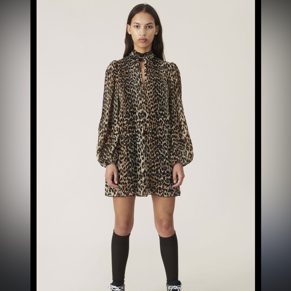 GANNI Pleated Georgette Leopard Mini Dress Size 36 US 4 Long Sleeve